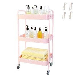LIWNYRK 3 Tier Pink Rolling Cart for Nursery & Laundry Room with Handle & 4 Hooks, Metal Kitchen Storage Cart on Wheels and Lockable Casters, Large Capacity Sturdy Trolley for Lash Craft Bathroom