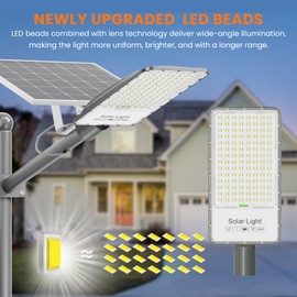 Solar Street Lights Outdoor Waterproof, Ultra-Bright 6500K LEDs, All Aluminum Commercial Solar Flood Light with Remote Control, Dusk to Dawn Security Light for Yard, Farm, Sports Court & Parking Lot