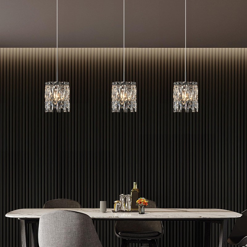 NISIDUN Modern K9 Crystal Pendant Lights Kitchen Island, Chrome Chandeliers