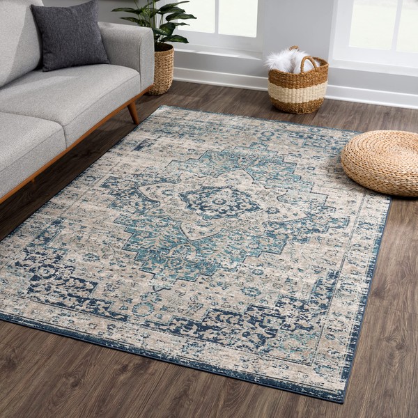 Bloom Rugs Traditional Blue Gray Area Rug - Vintage Boho 8x10 Rug for Living Room, Bedroom and Kitchen (7'10" x 10')