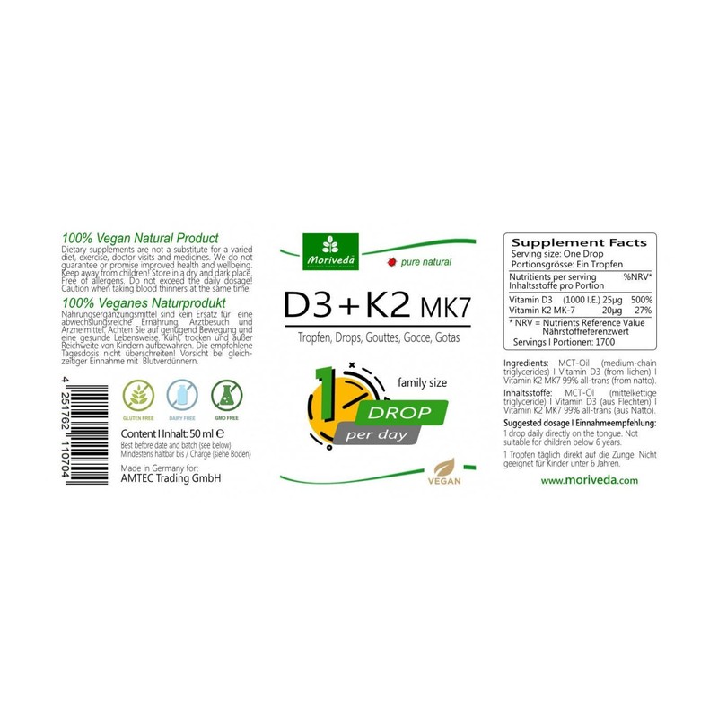 MoriVeda Vitamin D3 + K2 Drops 50 ml, High Dosage,