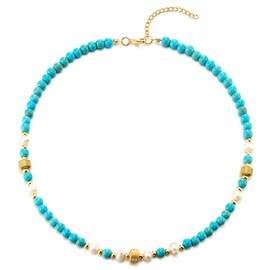 COOLSTEELANDBEYOND Turquoise Bead Choker Necklace Statement Necklace Beads Chain with Pearl Charm and Gold Bead, Metal Metal easter, No Gemstone