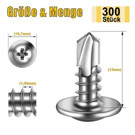 Pack of 300 Self Tapping Screws 4.8 x 13 mm Stainless Steel Flat Head with Disc and Phillips Screwdriver Bit
