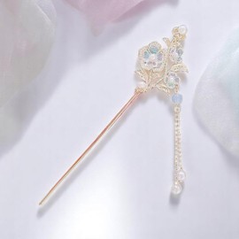 KEMMINTVN Ancient Style Elegant Flower Tassel Hairpin, Vintage Floral Hair Pin, Mint Green and Pink Flowers with Pearl Tassel, Chinese Style Hairpin Hair Accessories 2