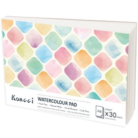 KONCCI Watercolour Paper Pad A4, 30 Sheets Cotton Watercolour Sketchbook, 300GSM, Cold Press, Natural White, Glued Bound, for Wet & Dry Mixed Media Painting Drawing, Professional Artist Quality