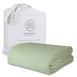 Threadmill 100% Pure Cotton, Luxury Twin Size Soft Sage Blanket - Herringbone Pattern, Lightweight, Soft & Cozy Premium Fall Throw Blanket for All Seasons, 350GSM & 68x92 with Free Tote Bag