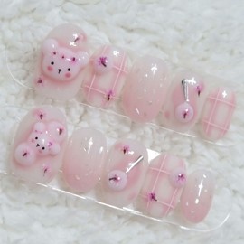 Cherry Blossom Gomdango Handmade Nail Tip Temperature Change - Short Square / 벚꽃 곰당고 수제네일팁 온도변화 - 숏스퀘어