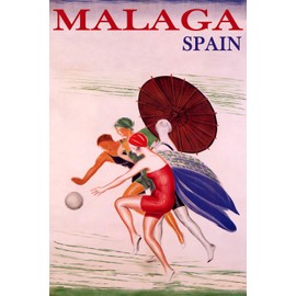WONDERFULITEMS Malaga Spain Summer Beach Happy Women Playing Ball Sun Umbrella Travel 12" x 16" Image Size Vintage Poster repro on Matte Paper. We Have Other Sizes