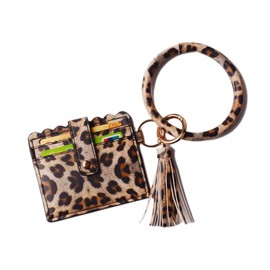 Lantintop Multifunctional Key Ring with Card Holder PU Leather Round Key Ring With Matching Wristlet Wallet For Women Girls (Leopard)