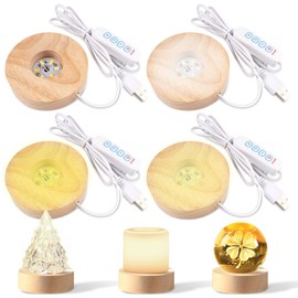 WhizNook Pack of 4 LED Wooden Base: Round Wooden Light Base, 3 Colours Adjustable Wooden Base, USB Light Base for Crystal Balls, with Switch Key, for Birthday Party Christmas (8 x 2 cm)