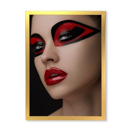 DesignQ Red Lips Black Makeup On The Eyes of Mask Women Modern Framed Wall Art