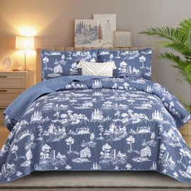 Yiran Blue White Toile Quilt Set King Size,3 Pieces Botanical Leaves Floral Bedspreads Set Lightweight Microfiber Village Castle Coverlet Bedding Set for All Seasons(104"×90")
