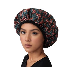 QFE Shower Cap for Women Terry Lined Reusable (Green Paisley)