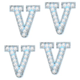 sourcing map 10 Pcs Iron on Letter Patches, Letter V Rhinestone Alphabet Applique Rhinestone Pearl English Letter Sewing Patches for Clothing Hats Jeans Shoes DIY Craft, White/Blue