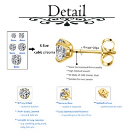 PiercingJak Stud Earrings Cubic Zirconia Earrings Silver Gold Stainless Steel Small Sleeping Helix Tragus Cartilage Ear Piercing with 3 mm - 8 mm CZ Ear Jewellery for Unisex, 5 Pairs, Stainless Steel