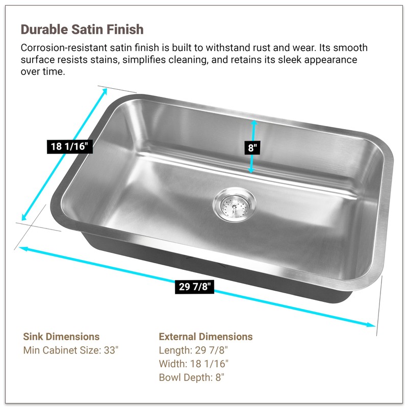 MSI 30 Inch Undermount Single Bowl 18 Gauge Stainless Steel
