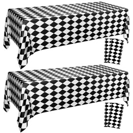 4 Pack Black and White Checkered Tablecloths, Plastic Gingham Table Cover Alice Tablecloths for Racing Theme, Halloween, Wonderland Party, Classic Checker Indoor Outdoor Decorations, 86 x 51 Inch