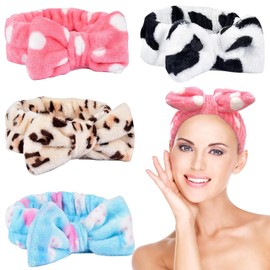 KEYRI Pack of 4 Cosmetic Hair Bands, Spa Bowknot Hair Bands, Spa Face Headband for Women, Elastic Coral Fleece Hairband, Makeup for Face Washing, Yoga (White, Pink, Blue, Leopard, One Size)
