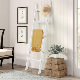 TEAKMAMA 6-Tier Blanket Ladder for Living Room and Bedroom,5.4 Ft Wall Leaning Quilt Rack with Hooks,Rustic Decorative Farmhouse Blanket Storage,Stylish Ladder Holder,Easy to Assemble,White