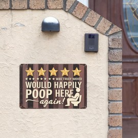 Would Happily Poop Here Again Retro Tin Sign, 8X12 Inch Vintage Metal Wall Decor for Bathroom, Funny Spaces, or Pet Lovers, Humorous and Whimsical Wall Art