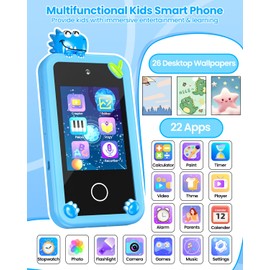 Kids Smart Phone for Boys with 32G Card & Holographic Pyramid, Christmas Birthday Gifts for Age 3-10 Kids Toys Cell Phone, 2.8" Touchscreen Toddler Learning Toy, Dual Lens, Music Player(Blue Dinosaur)