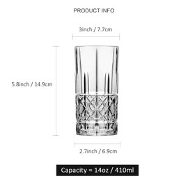 binsakao Tall Highball Glasses Set of 6, 14 Ounce Cups, Textured Designer Glassware for Drinking Water, Beer, or Soda, Trendy and Elegant Dishware, Dishwasher Safe