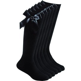 YAHOMI Girls knee high socks Cotton rich school Socks with Fluffy Ribbons Bow School Uniform Cotton Party Wear Comfort Fit Socks Girls Socks (UK, Age, 11 Years, 14 Years, Regular, Black Pack of 6)