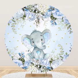 Laeacco 7.2x7.2ft Elephant Baby Shower Round Backdrop Blue Floral Elephant Circle Backdrop Cover Watercolor Flower Photography Background for Newborn Baby Shower Kids Birthday Party Photo Booth Props