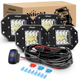 Nilight 4PCS 42W Flush Mount LED Pods Spot Flood Combo Beam Driving Backup Reverse Grill Mount Light with 16AWG LED POD Lights Wiring Harness Kit -4 Leads