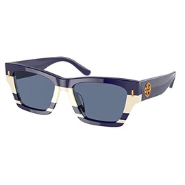 Tory Burch TY7169U - Gafas de sol rectangulares de ajuste universal, color azul marino y marfil vintage, 52 mm, Tira Vintage Marfil Marino, 52 mm