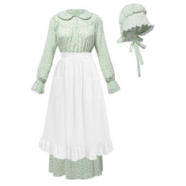 Pioneer Prairie Dress Women - Amish Colonial Dress with Bonnet & Apron (Green, XX-Large)