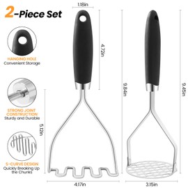 2Pcs Potato Masher, Premium Stainless Steel Mashed Potato Masher Kitchen Tool with Silicone Handle, Integrated & Wire Food Smasher Set for Mashing Potatoes, Veggies, Fruits, Avocado, Meat