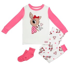 Baby Starters 3-Piece Snug Fit Girls Christmas Pajamas with Socks and Cutie Clarice Message (Rudolph Collection, White and Pink, 4T)