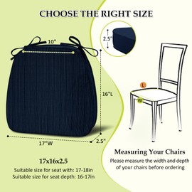 HOMELYSIAN Kitchen Chair Cushions Set of 4, Indoor Chair Cushions for Dining Chairs, Memory Foam Dining Chair Cushions with Ties，Waterproof Chair Pads Navy Blue, 17x16x2.5 Inch