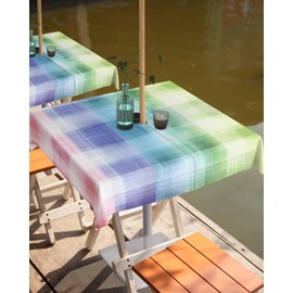 QueenKer Colorful Plaids Outdoor Tablecloth with Umbrella Hole and Zipper 54 x 54 Inch Abstract Gradient Table Cover for Square Tables Waterproof Tabletop Collection for Patio Garden Picnic Camping