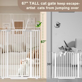 Amibud 67" High Extra Tall Cat Gate, 29.5-49.21" Wide Pressure Mounted Baby Gates for Dogs Pets, Easy Walk Through Cat Proof Gate for Doorways, Stairs, Kitchen No Drilling(White)