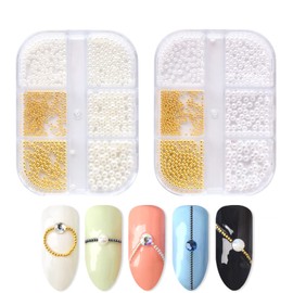 Pearl + Brion Nail Parts, Spherical Pearl, White, Cream, Pearl Stone, 0.06 inch (1.5 mm), 0.08 inch (2 mm), 0.1 inch (2.5 mm), 0.1 inch (3 mm), Gold, Brion Gel Nails, Nail Art Parts, Nail Decor Parts, Resin, Handicraft, Set