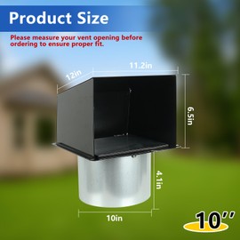 10 Inch Hooded Wall Vent with Screen and Damper, Metal Exhaust Vent Cover Cap, for Exterior Kitchen Range Hood Dryer Ventilation, Outdoor Wall Duct Vent-Cap (Black)