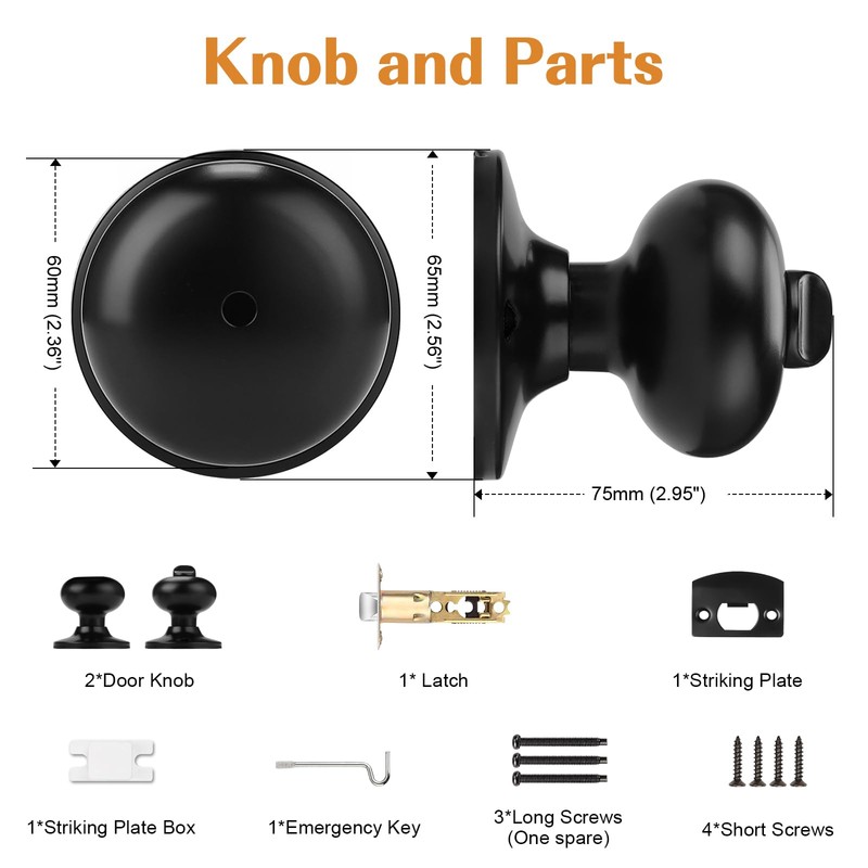 Probrico Privacy Door Knobs Black Matte Privacy Lock, Keyless Standard