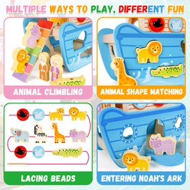 Noah's Ark Wood, Christening Gifts for Boys Girls, Wooden Toy from 2 3 4 Years Children, Montessori Threading Game Toy Animal Sorting Stack, Bible Book Christening Gift