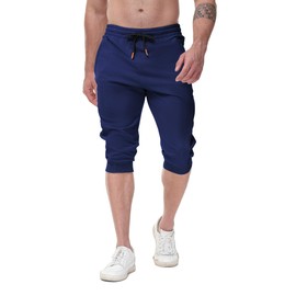 FIRSTGYM Mens Casual Jogger Pants 3/4 Joggers Tapered Fit Workout Gym Training Sweatpants Navy