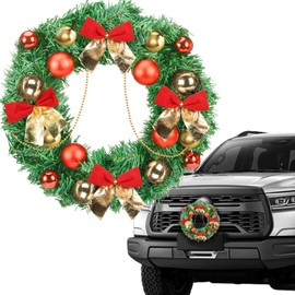 Car Wreath Truck Christmas Decor - 11.8in Xmas Front Grille Decoration Gifts for SUVs Automotive, Winter Holiday Artificial Pine Needles Pinecone Ornament Accessories - Chain Bows Balls