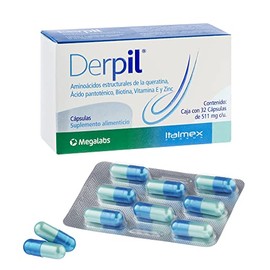 Derpil | Suplemento Alimenticio Para El Cabello | Vitaminas, Minerales | Aminoácidos Estructurales de la Queratina | Biotina, Zinc y Vitamina E | Fortalece el Cabello en Hombres y Mujeres | Caja con 32 cápsulas