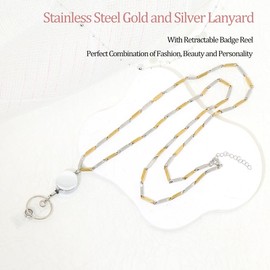 Lanyards for Id Badges Stainless Steel Metal Badge Lanyard Id Badge Holder Retractable Teacher Lanyards Cruise Ship Lanyards for Women (Gold/Silver 16)
