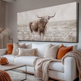 Highland Cow Wall Art Farmhouse Wall Decor Bedroom Brown Painting on Canvas Large Landscape Art 29"x 58" Home Artwork Office Wall Decor