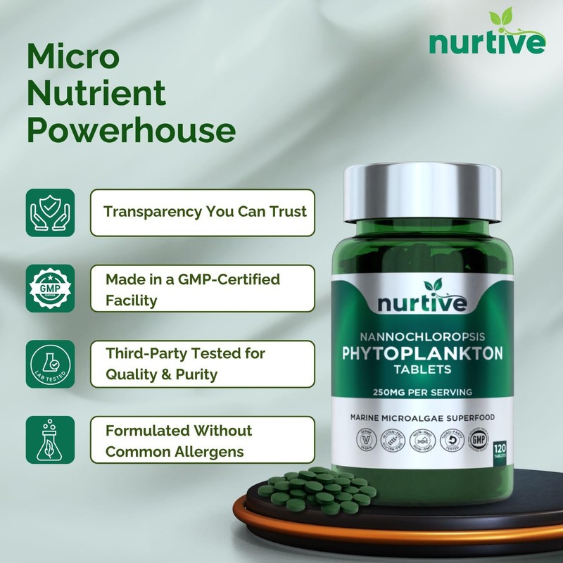 Nannochloropsis Phytoplankton Tablets – 250mg per Serving – Vegan, Gluten-Free,
