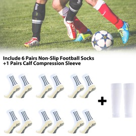AUTOWT Football Socks – 6-Pack Anti-slip Quarter Compression Socks with 1 Pack Leg Sleeves - Men's Athletic Cushioned Crew Socks with Arch Compression