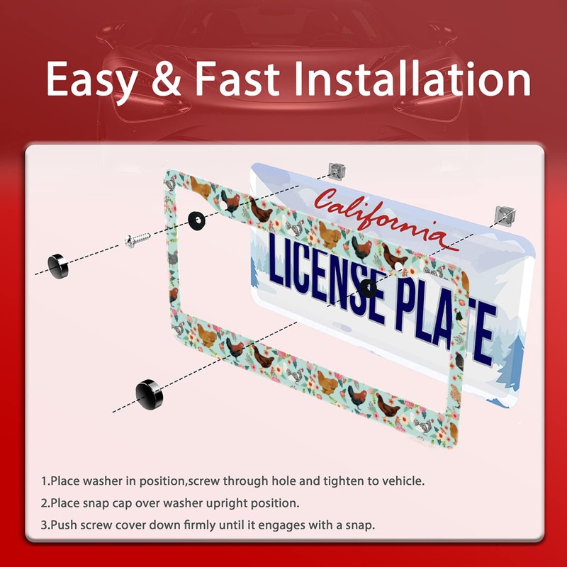 Chicken Flower License Plate Frame Funny Animal Stainless Steel License