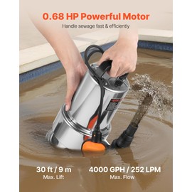 VEVOR 0.68 HP Submersible Sump Pump, 4000 GPH, Stainless Steel Submersible Sewage Dirty Clean Water Pump with Automatic Float Switch, Long Cord, 30 ft Max Lift, for Pools, Garden, Flooded Basement