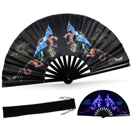 SYNTECSO Folding Hand Fan for Rave, UV Glow Fan, Large Bamboo Fan for Drag Queen, Women and Men Gift，Chinese Japanese Clack Fan for Parties, Music Festivals, EDM and Decoration